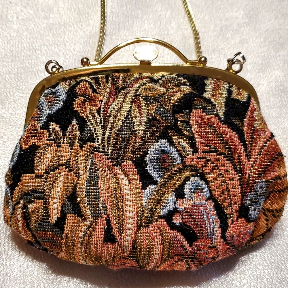Vtg Tapestry Evening Handbag Floral Gold Thread with Chain Shoulder Strap